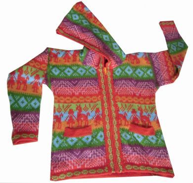 Farbenfrohe Kinder Kapuzen Strickjacke Alpakita Motive, aus Alpakawolle, 1 - 4 Jahre