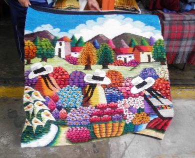 Handgewebter Teppich aus Merinowolle aus Peru, Blumenmarkt. 120 x 100 cm