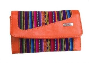 Damen Geldbörse Geldbeutel Portemonnaie aus Peru, Mantastoff mit Leder 20 x 10 cm (Orange)