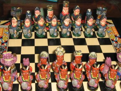 Hand-painted chess game from Peru, Incas against Spaniards